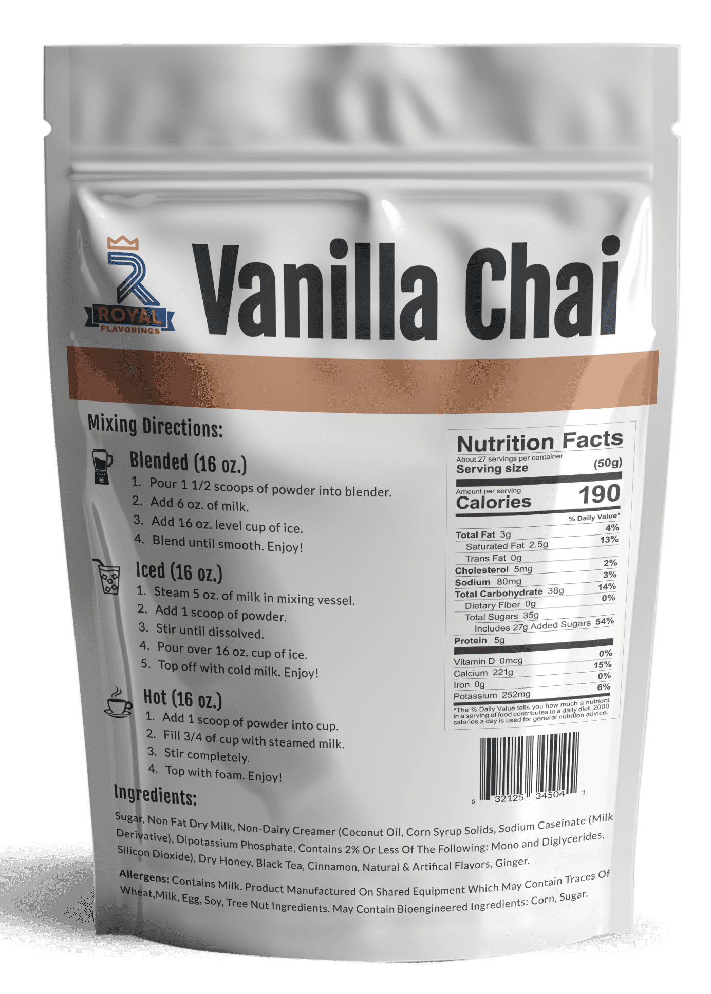 Royal Flavorings Vanilla Chai Premium Flavored Frappe Drink Mix for Blended, Iced or Hot Drinks, Stand up Resealable Bag 3 Lb.
