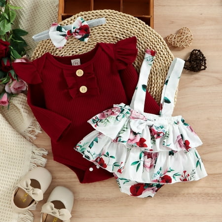 

Qazqa Girls Long Sleeve Ribbed Romper Bodysuits Ruffles Floral Prints Suspenders Shorts Headbands Outfits