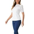 thumbnail image 4 of INSPIRAR CHIC Blusa de Encaje Floral con Cuello Alto y Mangas Cortas Abullonadas Elegante Talla XS Blanca, 4 of 6