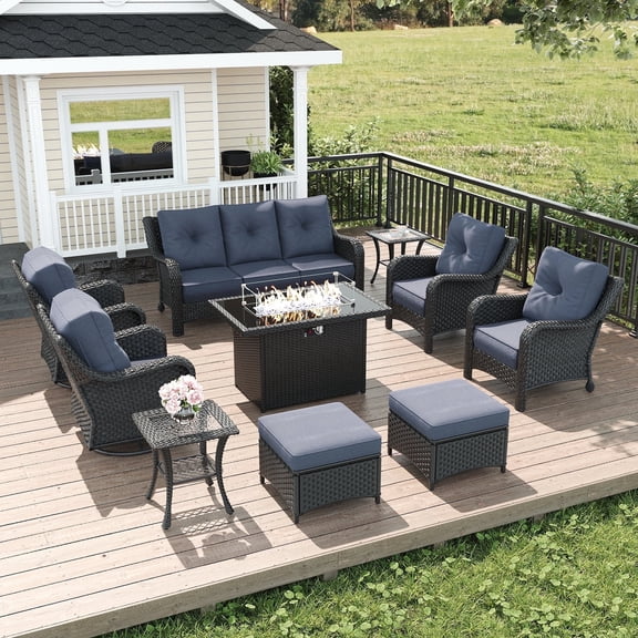 LayinSun 10 Piece Wicker Outdoor Furniture Set with 6-inch Comfy Cushions, High Back Patio Furniture Set with Swivel Rocking Chairs and Fire Pit Table
