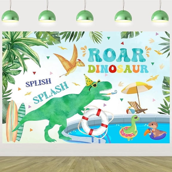 JOYMEMO Dinosaur Pool Party Backdrop, Roar Dinosaur Birthday Party Baby Shower Decorations, Summer Beach Theme Background, Splish Splash Pool Party Supplies