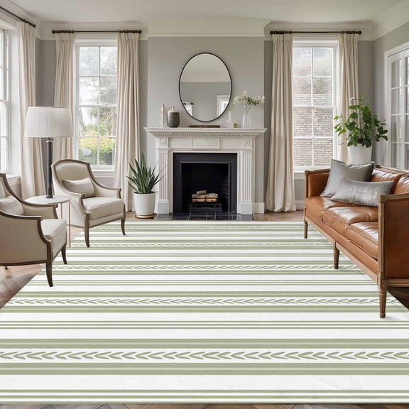 Sage Green Striped 8'x10' Large Area Rugs Rustic Country Stripes Farmhouse Modern Washable Area Rugs Non-Slip Indoor Floor Mats Large Carpet for Living Room Bedroom Dining Room