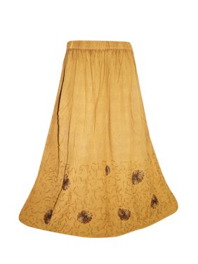 Mogul Women's Mustard Stonewashed Embroidered Boho Chic Gypsy Long Skirts
