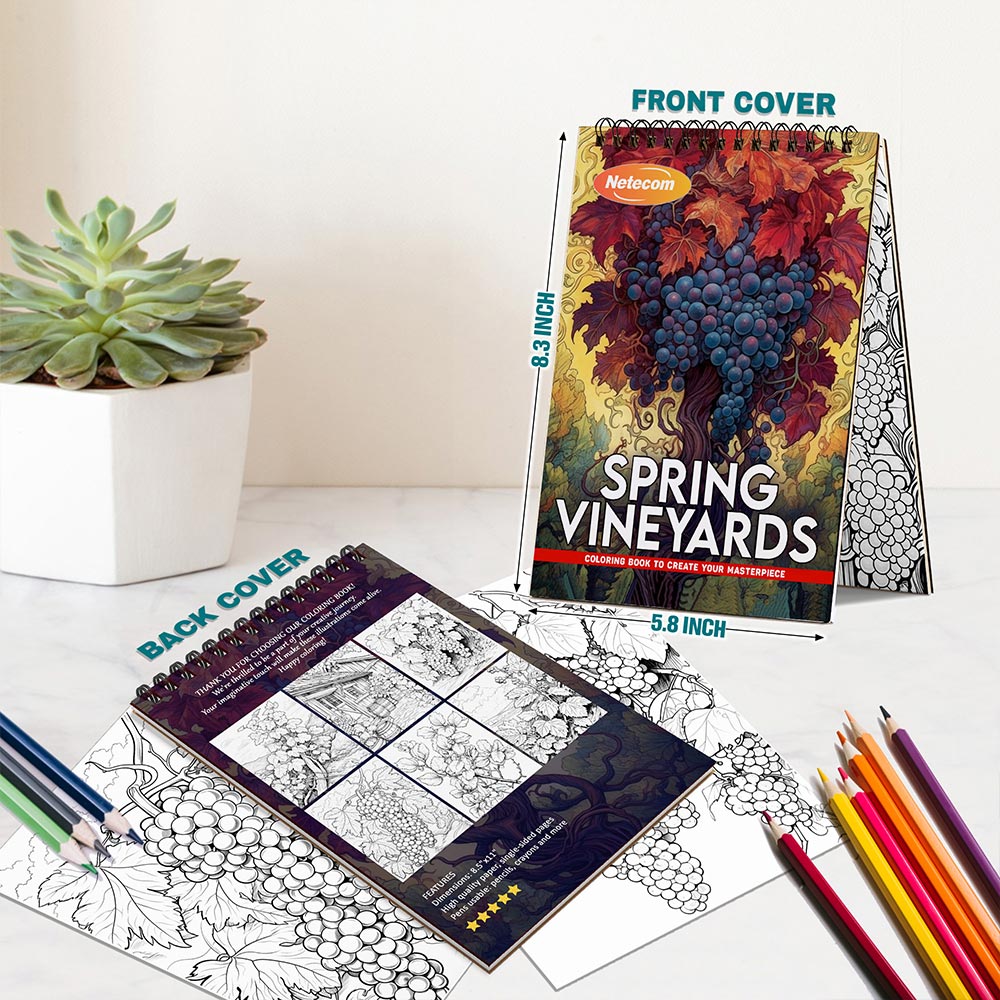 Spring Vineyards Coloring Book Spiral Bound For Adults, A5 Wooden Cover, 30 Refreshing Coloring Pages of vineyards flourishing for Stress Relief and Relaxation