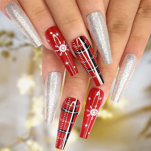 Christmas Press on Nails Long Coffin Fake Nails with Snowflakes Silver Glitter Design Stick on Nails for Women 24pcs Pink Glossy Acrylic Artificial False Nails (Silver Red Snowflake)