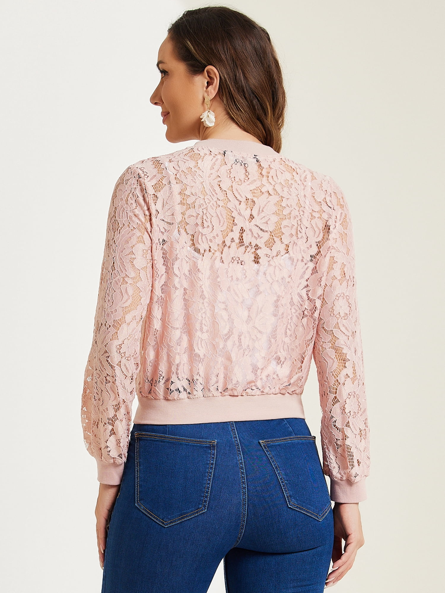 DARING DIVA Women's Lace Jackets Stand Collar Zip Up Gothic Sheer Baseball Jacket M Pink