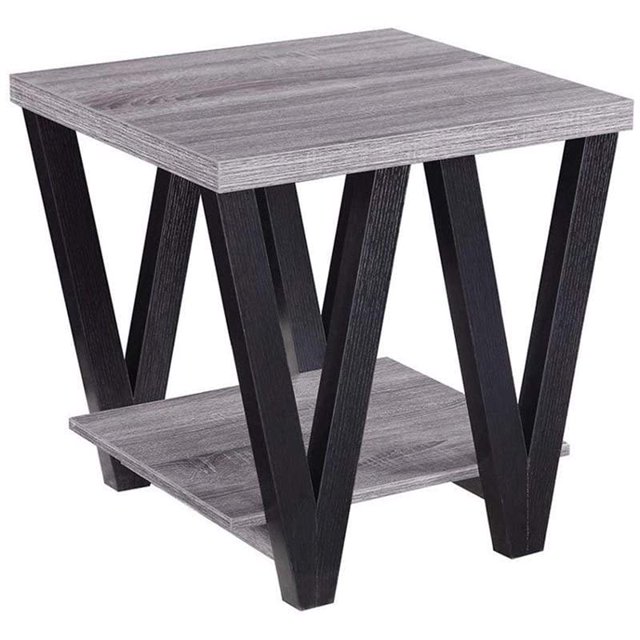 Benzara BM184945 Zig-zag Contemporary Solid Wooden End Table With Bottom Shelf, Gray And Black