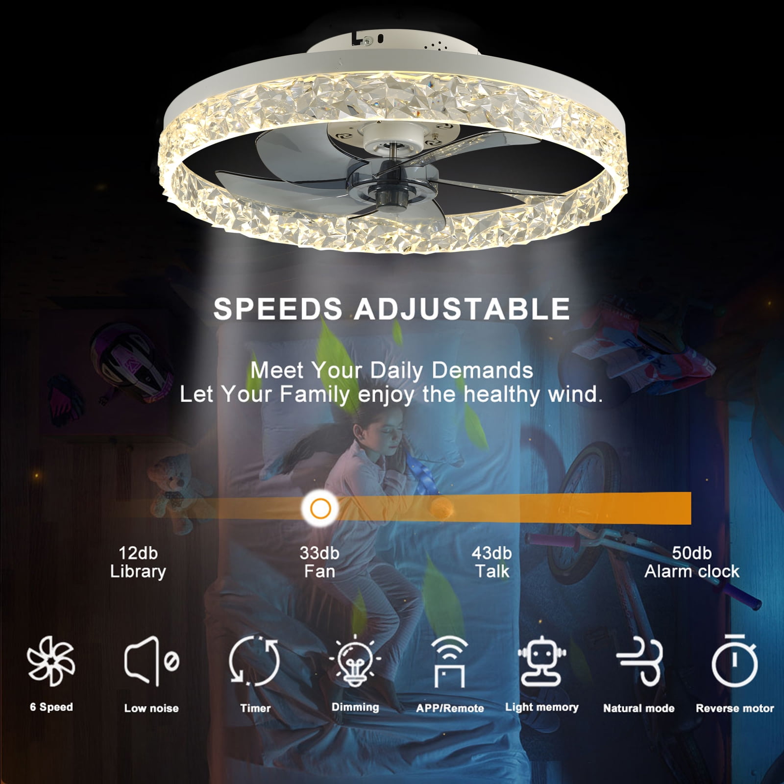 JLPAN Modern Ceiling Fans with Lights and Remote, 20" Dimmable Low Profile Ceiling Fan, Flush Mount Bladeless Ceiling Fan, Stepless Color Temperature Change and 6 Speeds,White