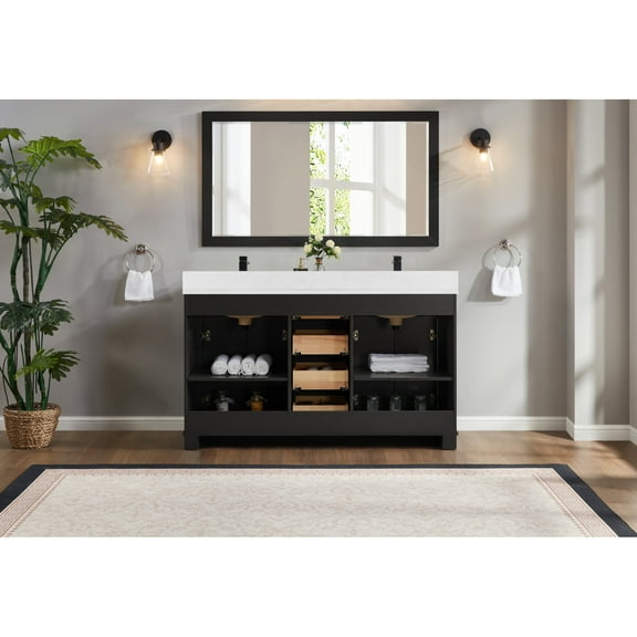 Legion Furniture WS2516-60-TB 60 in. Tricorn Black Finish Solid Wood Sink Vanity, 1 ft. Artificial Stone Top