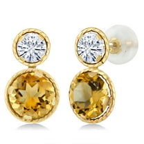 Gem Stone King 14K Yellow Gold Yellow Citrine and Near Colorless (GH) Moissanite Earrings for Women (2.06 Cttw, Gemstone November Birthstone, Round Cut 6MM and 4MM)
