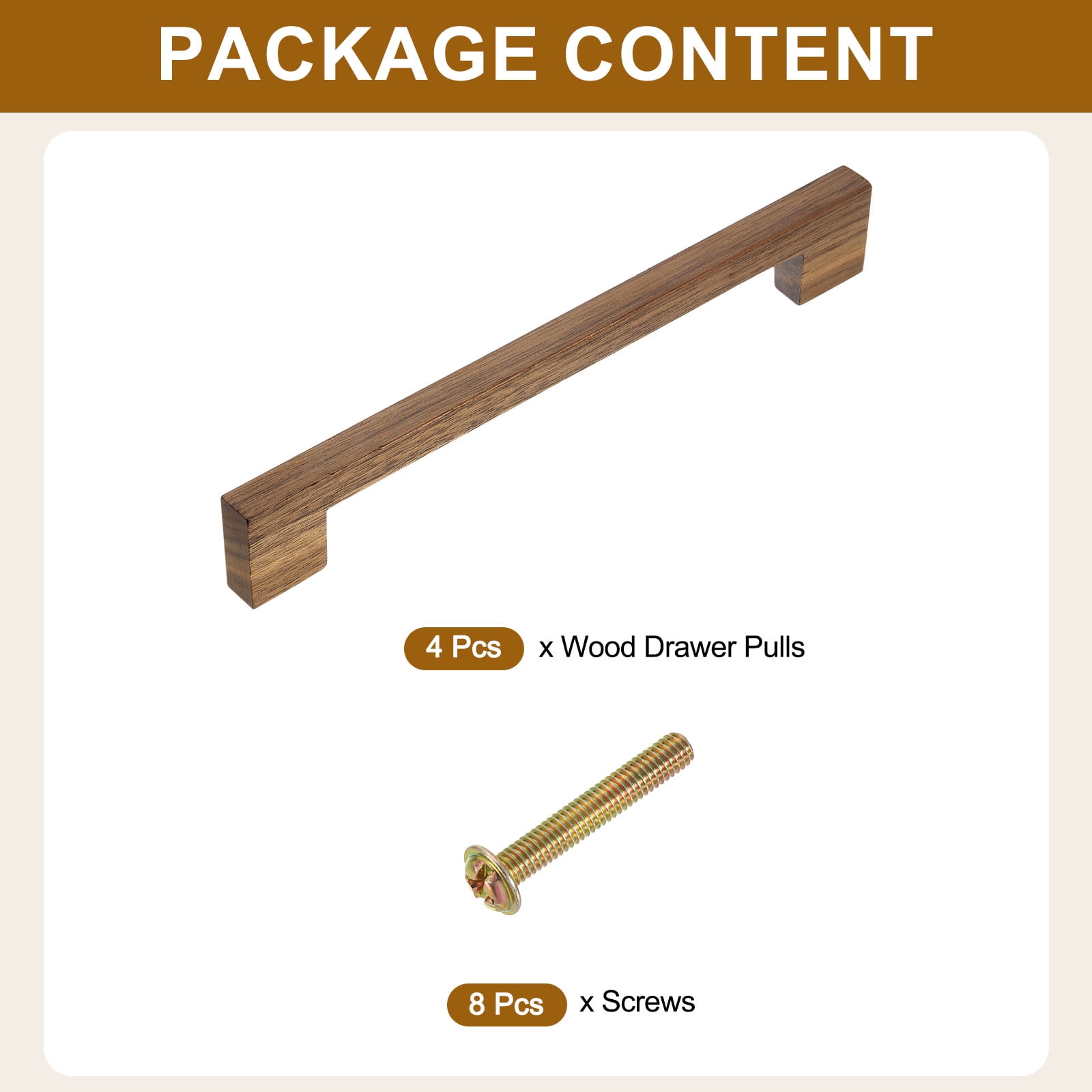 Uxcell 4 Pack Wood Drawer Pulls, 8 Inch Hole Center Square Wooden Drawer Pulls Cabinet Handles with Screws for Kitchen Dresser Wardrobes Door Cupboard, Dark Walnut