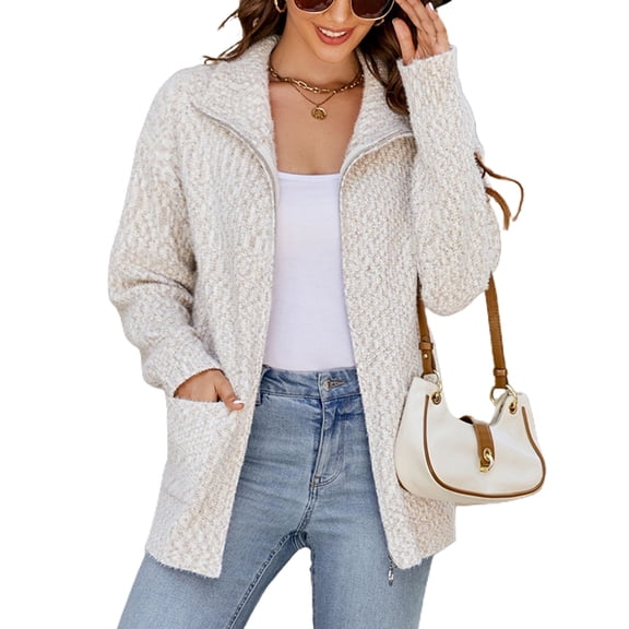 Defitshape Women's Long Sleeve Cardigan Sweater Fall Knit Thick High Neck Winter Zip Full Zip Spring Drop Shoulder Apricot Large