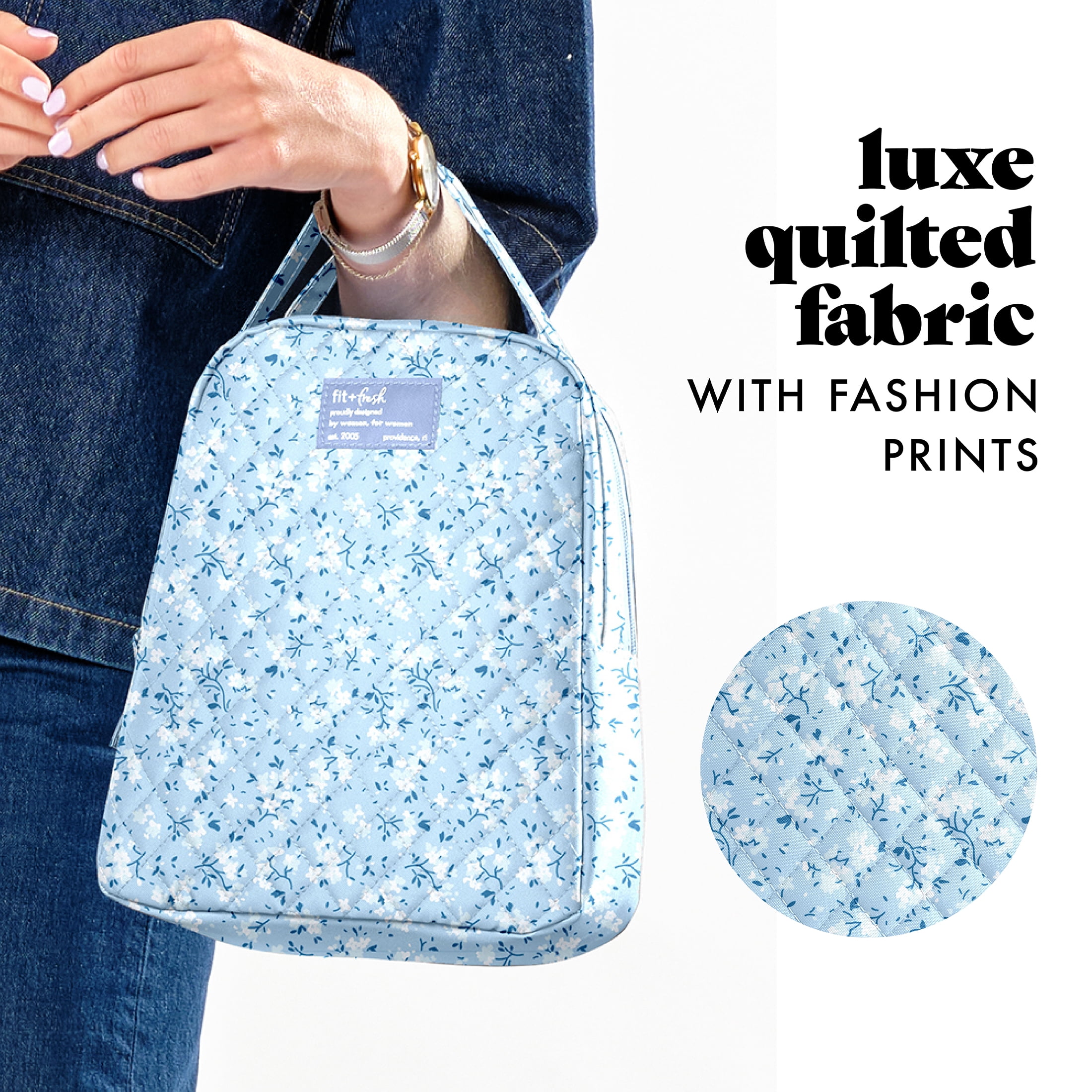 Fit & Fresh Evelyn Quilted Insulated Lunch Tote for Women, Blue Floral Print