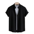 thumbnail image 2 of JUUYY Men's Shirt Ribbed Knit Stand Collar Button Down Shirts Short Sleeve Business Casual Breathable Stretch Office Blouse Tops Black S, 2 of 7