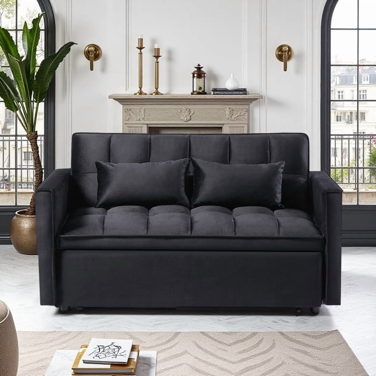 Gewnee 54" Velvet Upholstered Pull Out Sleeper Loveseat for Home,Office,Guest Room.Black