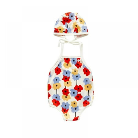 

Baby Girls One Piece Swimsuit Cute Floral Print Toddler Kids Swimwear Beachwear Bathing Suit Summer Clothes with Hat
