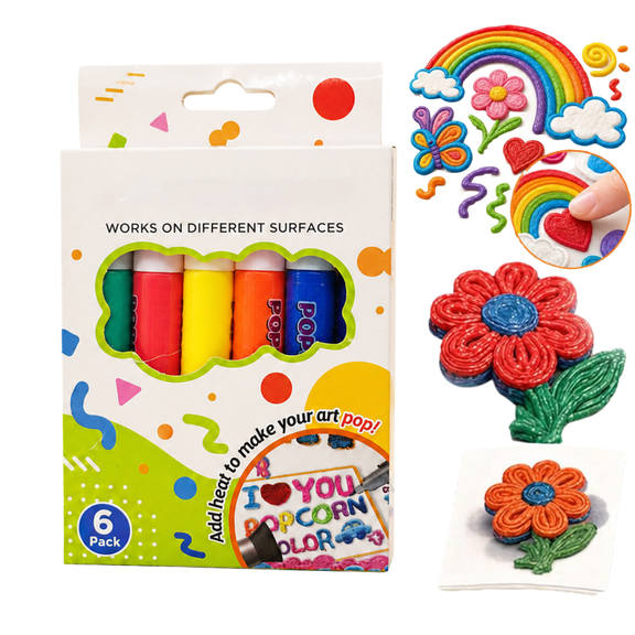 Popcorn Pens, 2026 New Popcorn Pens Puffy 3D Art, 3D Relief Art Pen, 6 Colors DIY Bubble Popcorn Drawing, Works On Different Surfaces