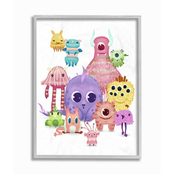 Stupell Industries Whimsical Fun Monsters Big Eyes Colorful Illustration Framed Wall Art Design by Ziwei Li, 11" x 14", Gray Framed