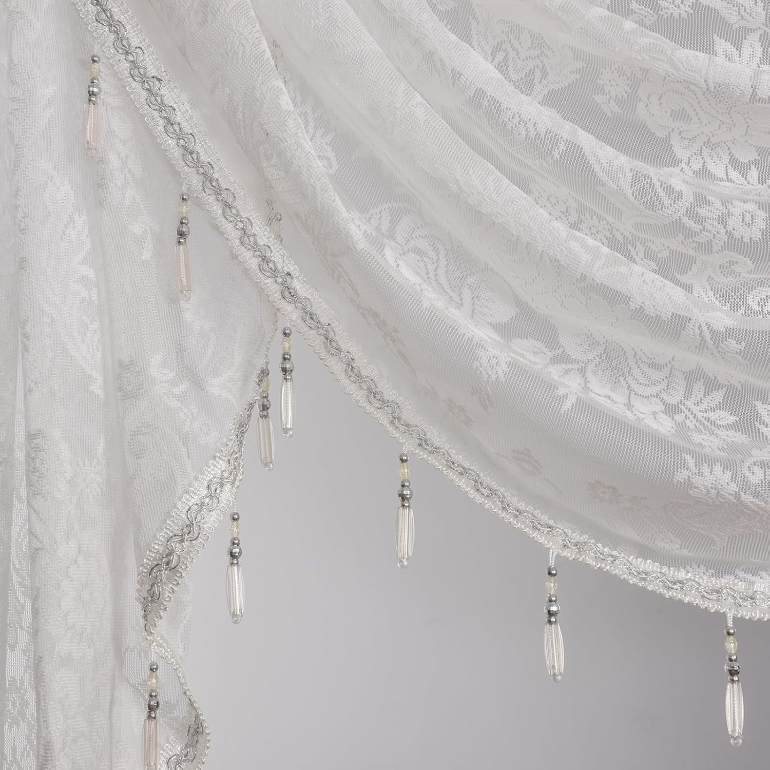 XmhyTop-A White Window Valance 150x105cm, 1 Piece Bead Tassels Floral Semi Sheer Rod Pocket Valance Curtains, Decorative Lace Valance for Home
