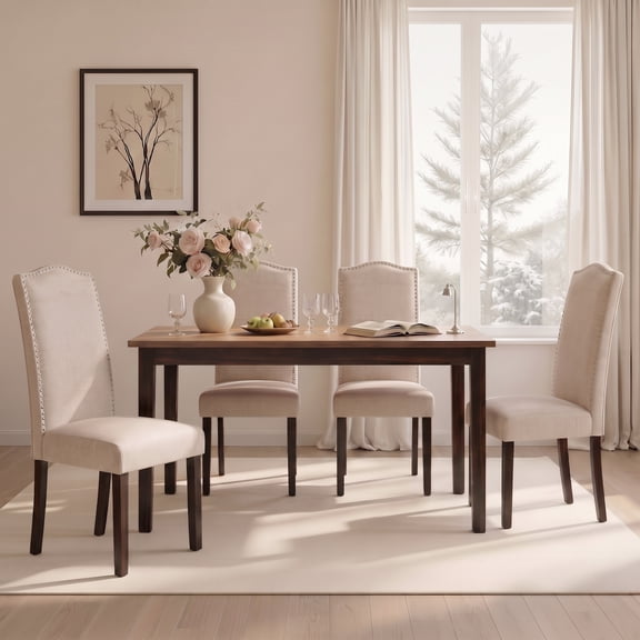 Snugway Dining Chair Beige Upholstered Parson Chair with Nailhead Trim, Set of 4