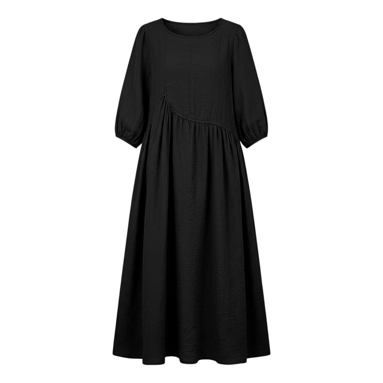 SAWOBUUN Women's Casual 3/4 Sleeve Midi Dress Round Neck High Waist Loose Flowy Long Dress