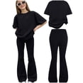 thumbnail image 2 of YMNXA Kids Girls Two Piece Outfit Short Sleeve Round Neck Solid Color Top And Flared Pants Fashion Breathable Sets For Everyday Wear,Black,8-9 Years, 2 of 4