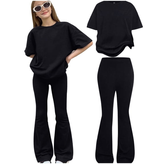 Outfits for Girls Size 9-10Y Crew Short Sleeve Solid Top with Pants Kids Daily Lightweight Set Girls Clothes