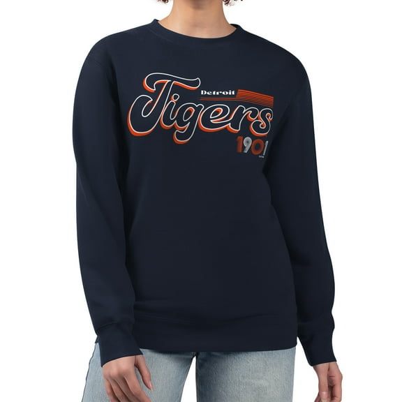Women's Starter Navy Detroit Tigers Groovy Script Team Fleece Pullover Sweatshirt