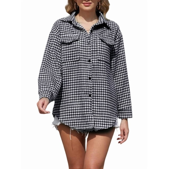Women Casual Houndstooth Jacket Flannel Shacket Loose Long Sleeve Button Down Shacket with Pockets Black XL