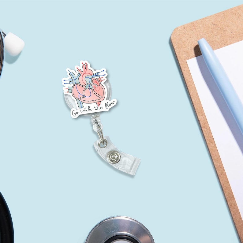 TiniDecor Go With the Flow Heart Badge Reel, Anatomical ID Holder, Cute Gift for Nurses, Med Techs