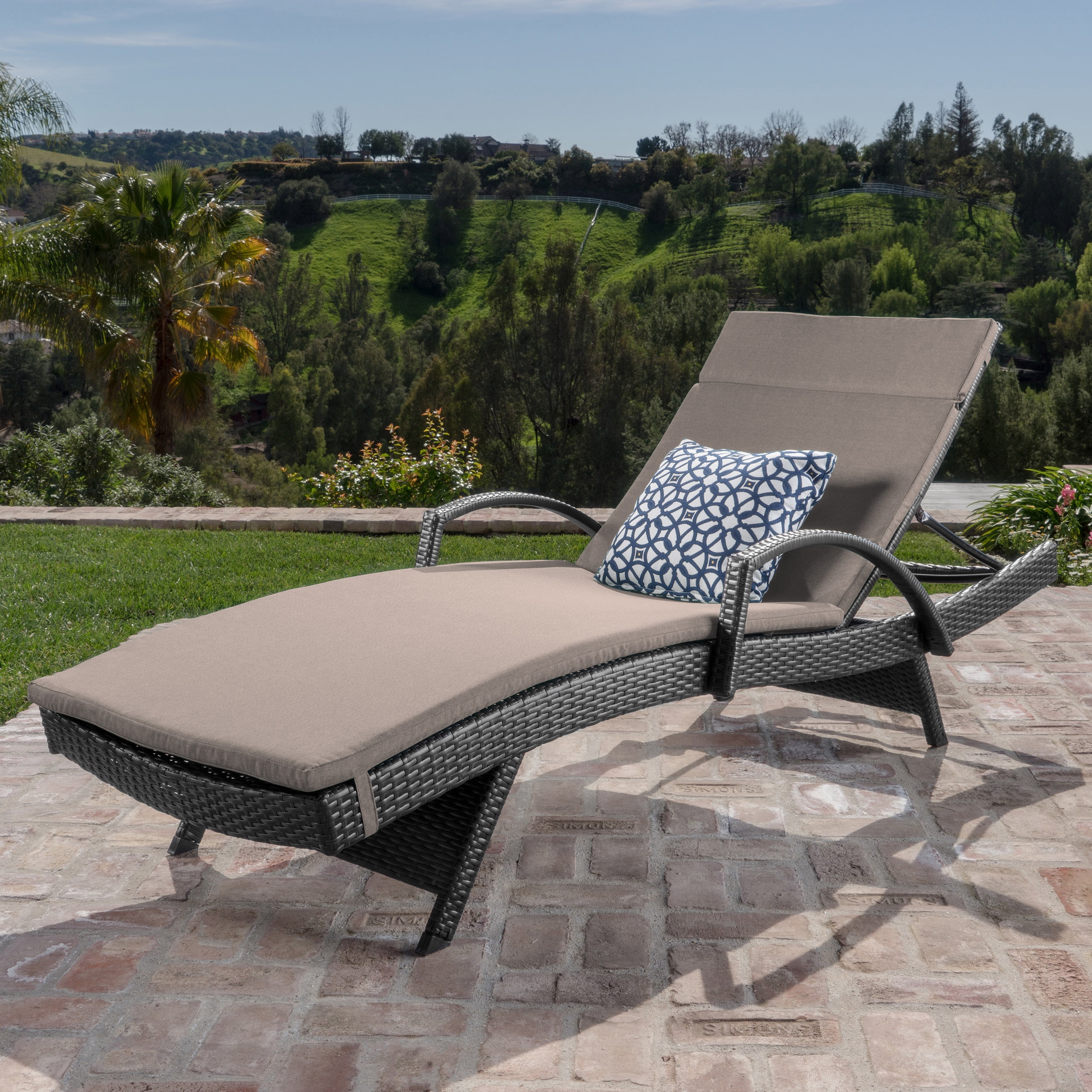 Anthony Outdoor Wicker Adjustable Chaise Lounge with Arms and Cushion, Grey, Charcoal