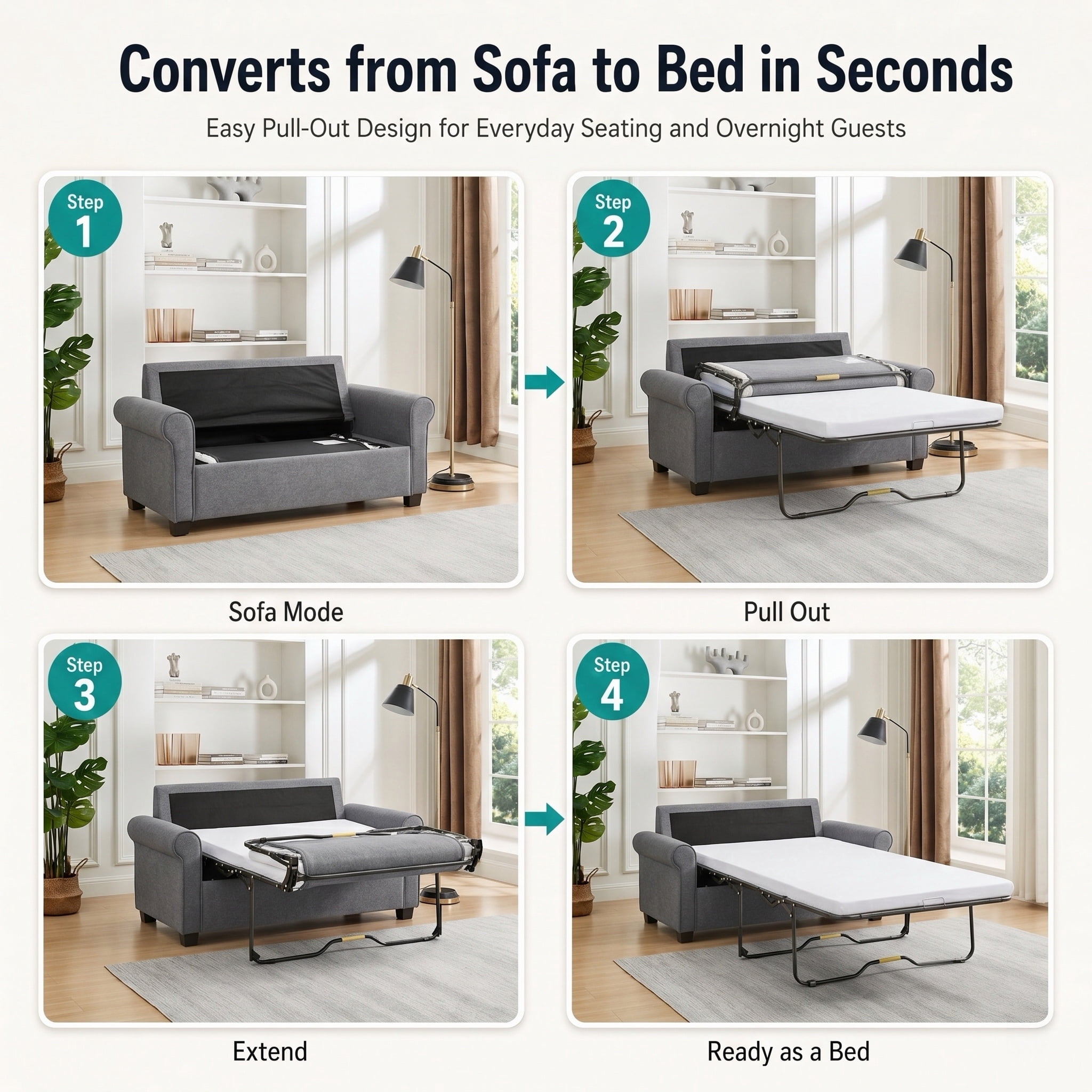 IDEK Pull Out Sofa Bed, 2-in-1 Convertible Loveseat Sleeper Couch with Side Pockets, Gray