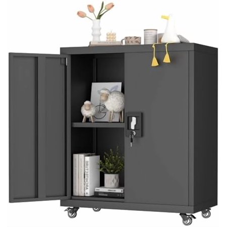 Garage Cabinets with Wheels, Small Black Storage Cabinet with Doors and Adjustable Shelves,Locking Metal Garage Rolling Storage Cabinets for Home Office Utility Room