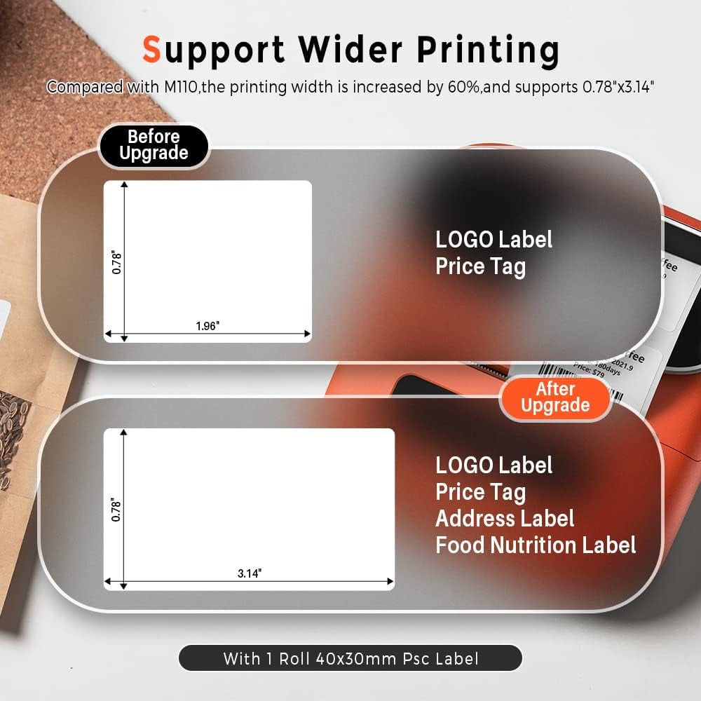 Phomemo M220 3.14 Inch Portable Bluetooth Thermal Label Maker - Support 20-80mm Width Label for Clothing, Mailing, and Address Labels - Compatible with Phone and Laptop (Orange)