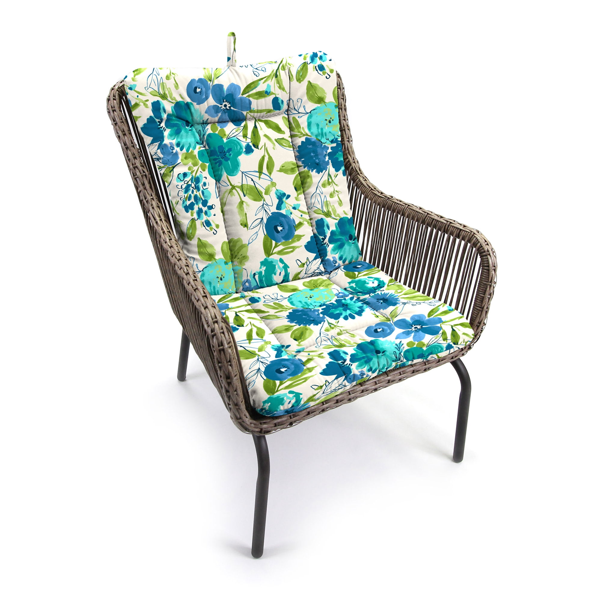 Jordan Manufacturing 38" x 21" Bettina Aqua Cream Floral Rectangular Outdoor Wrought Iron Chair Cushion with Ties and Hanger Loop (2 Pack)