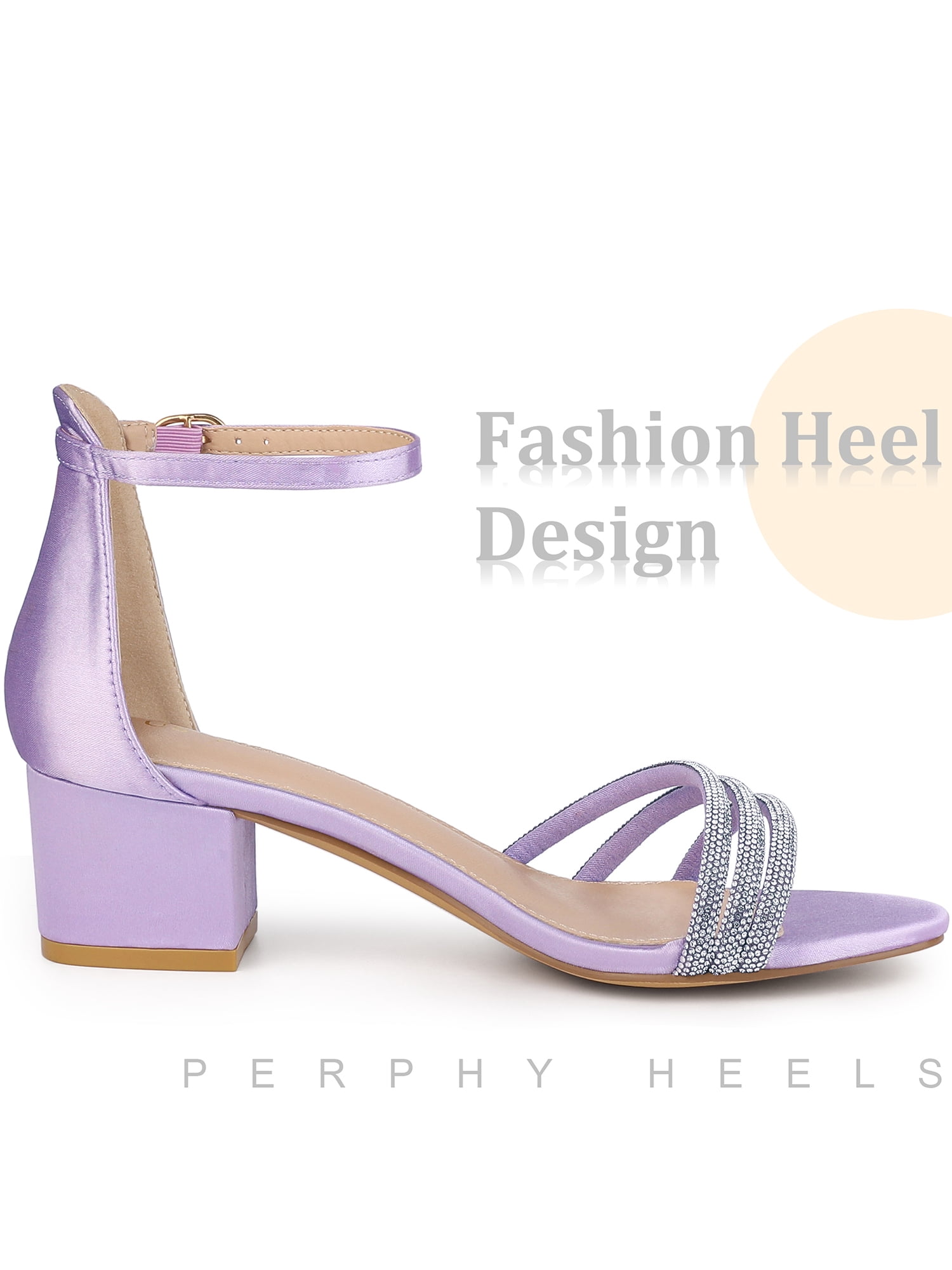 DARING DIVA Satin Rhinestones Open Toe Chunky Heel Sandals for Women Purple 8.5