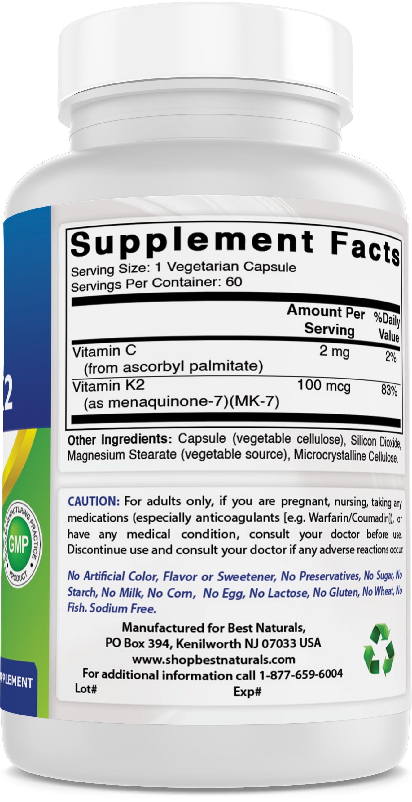 3 Pack Best Naturals MK-7 Vitamin K2 100 mcg 60 Vegetarian Capsules