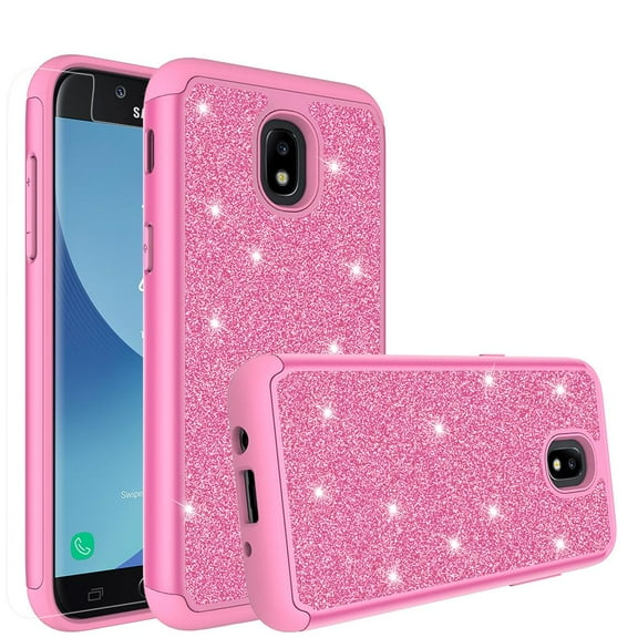 For Samsung Galaxy J3 (2018) Case, Express Prime 3 (SM-J337A)/ Galaxy J3 Achieve Case, Cute Girls Women Glitter Bling Silicone Shock Proof [Screen Protector] Dual Layer Phone Case Cover - Hot Pink