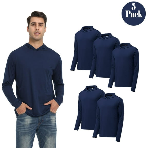 Zfeel Lightweight Dry Fit Hooded Shirt, 5 Pack Men's Long Sleeve 100% Polyester Hoodie, Navy, S