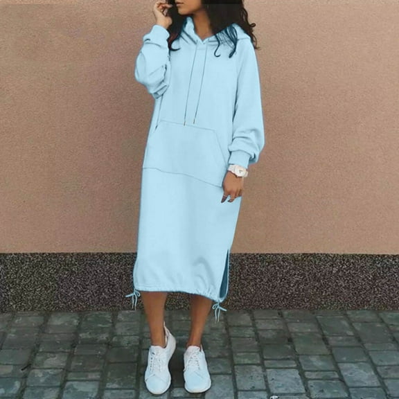 Women's Fall Sweatshirt Dresses Casual Long Sleeve Loose Pullover Hoodies Drawstring Split Hem Midi Dress With Pocket Beach Outfit for Women Summer Maxi Dresses Fall Womens Tops Maxi Dress Petite