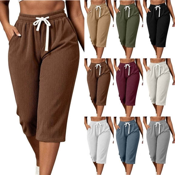 Dzrciro Capri Pants for Women, Drawstring Elastic High Waist Corduroy Pants with Side Pockets, Casual Relaxed Fit Daily Bottoms S‑2XL