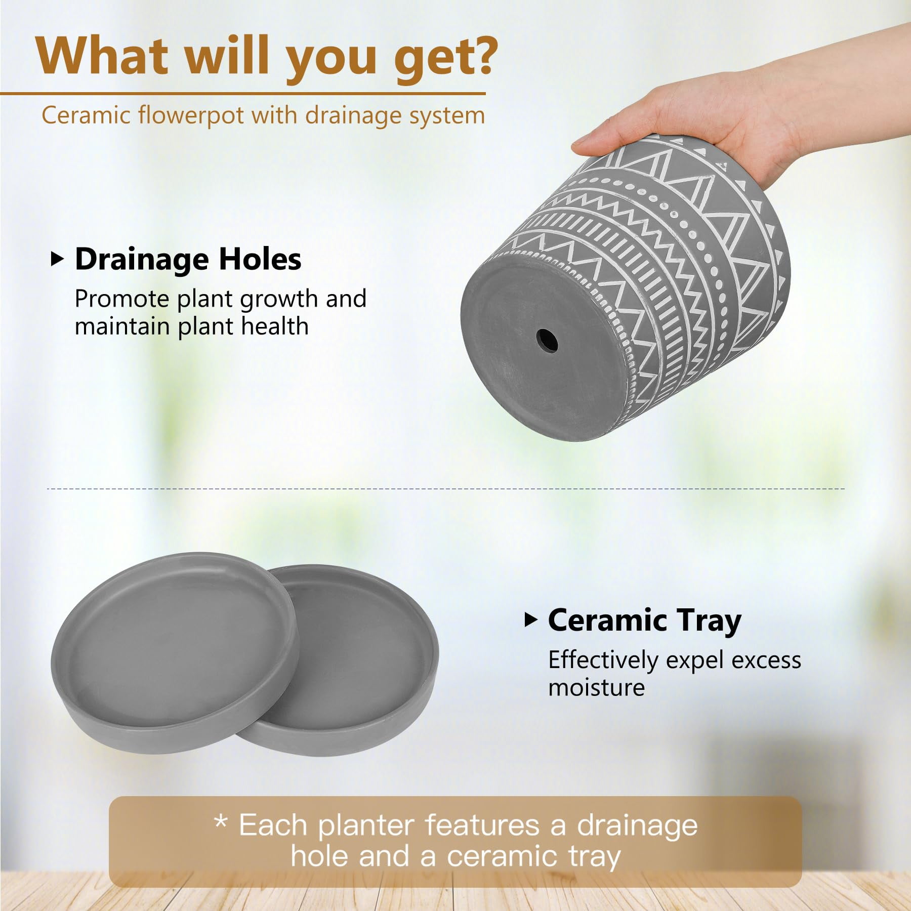 BUYMAX 6 inch Terracotta Pots with Drainage Hole & Saucer, Modern Geometric Planter Set of 2 in Cement Gray - Boho Indoor Outdoor Flower Pots