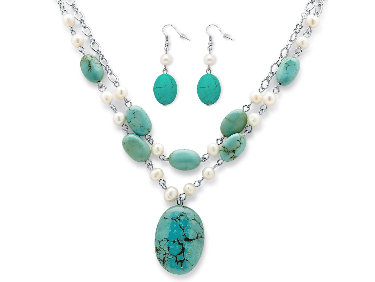Genuine Turquoise and Cultured Freshwater Pearl Silvertone Necklace and Earrings Set 17"
