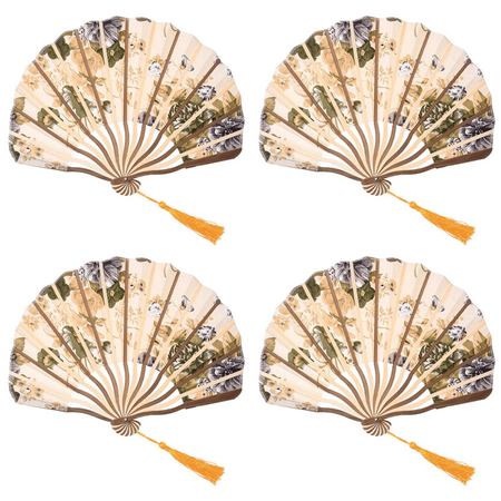 

4X Classic Style Peony Flower Fabric Bamboo Folding Dance Hand Fan Beige