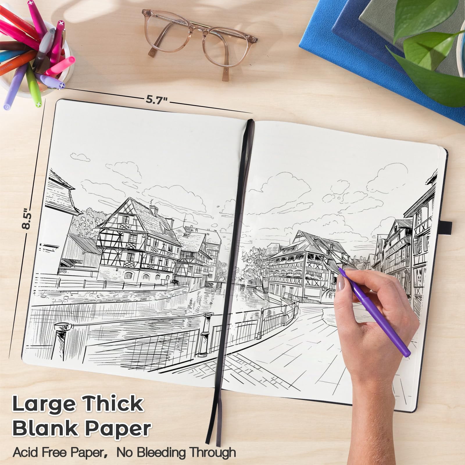 OMEYA Blank Notebook 5.7 x 8.5in, Unlined Notebook 5 Pack, A5 Blank Journal for Men & Women, 100GSM, 192 Blank Papers, Hardcover Plain Notebook for Sketching with 2 Pockets, Labels