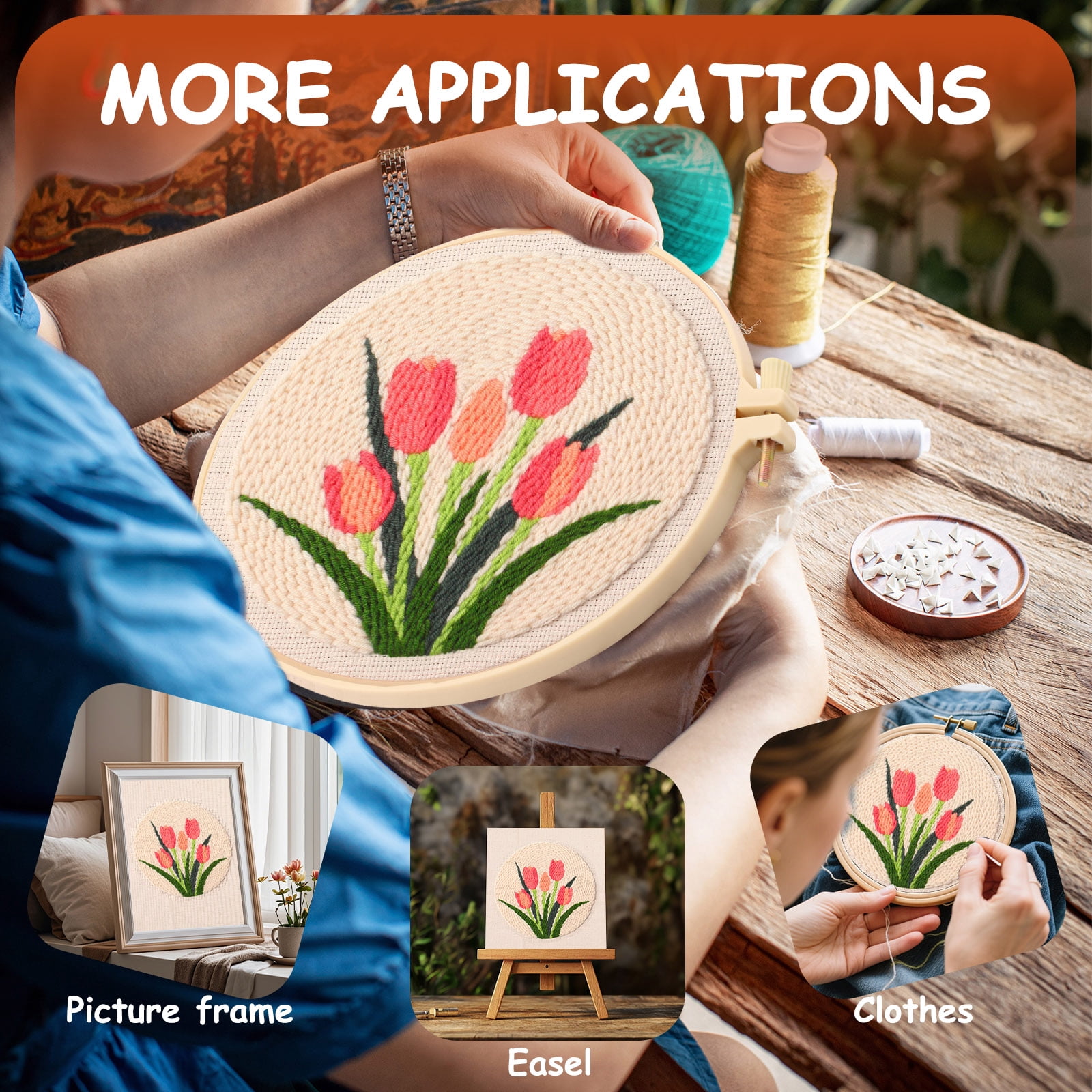 Floral Embroidery Kit for Beginners, Easy Needlepoint Kits for Adults Include Pattern, Hoops, Instructions, Threads and Fabric, Craft Starter Punch Needle Cross Stitch (Tulip)