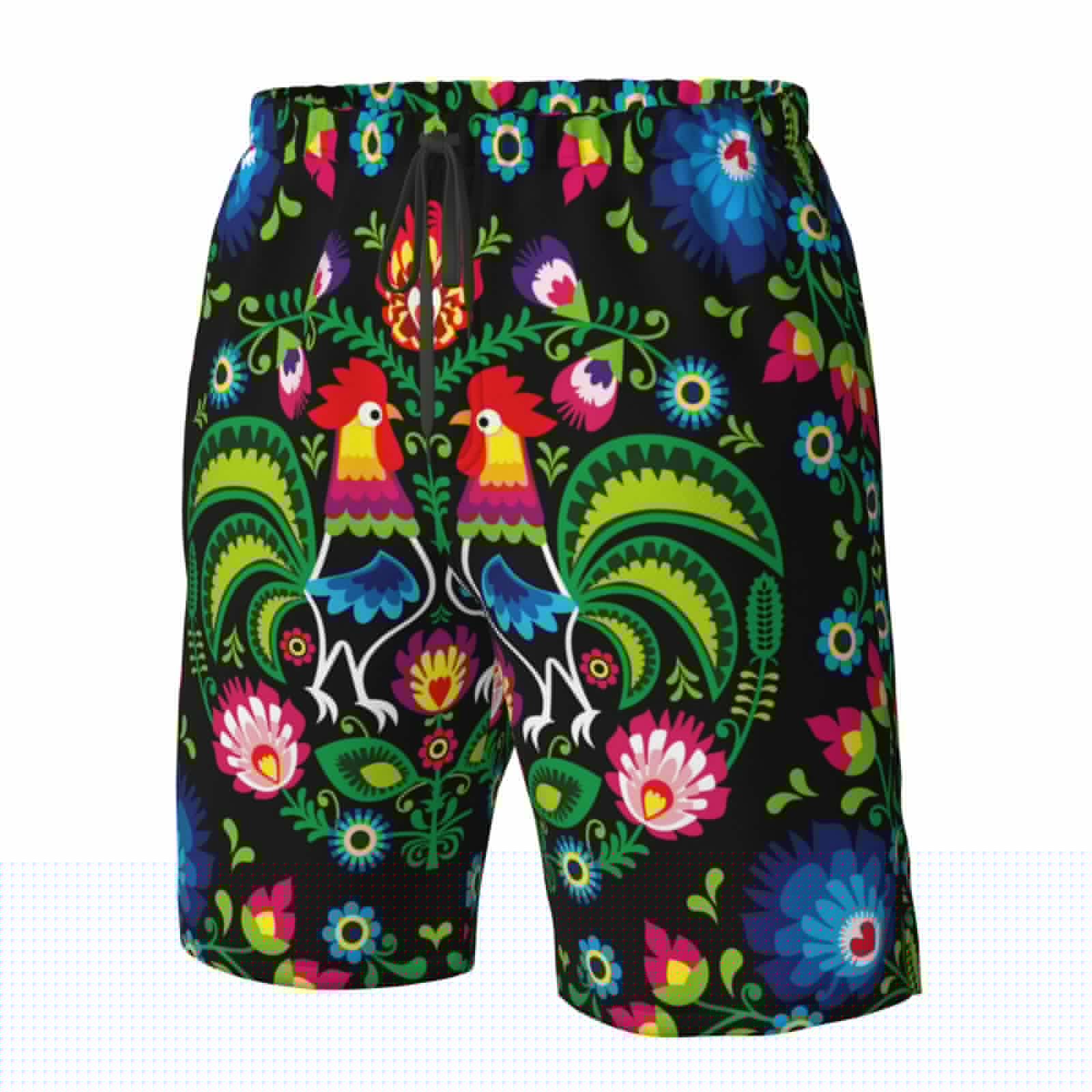 thumbnail image 5 of KLL Roosters and Flowers Men's Casual Summer Beach Shorts Hawaiian Shorts with Pockets-Small, 5 of 9
