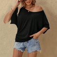 thumbnail image 2 of 4Th Of July Outfits For Women, Summer Casual Short Sleeve Off Shoulder Loose Fit Top Red And White Striped Shirt Women Outfit Royal Blue Shirts Tank Tops Tank Shirts (L, Black) ZMTing, 2 of 4