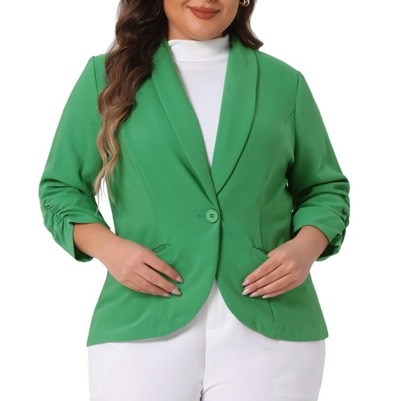 DARING DIVA Women's Plus Blazer 3/4 Ruched Sleeve Open Front Jacket 1X Green
