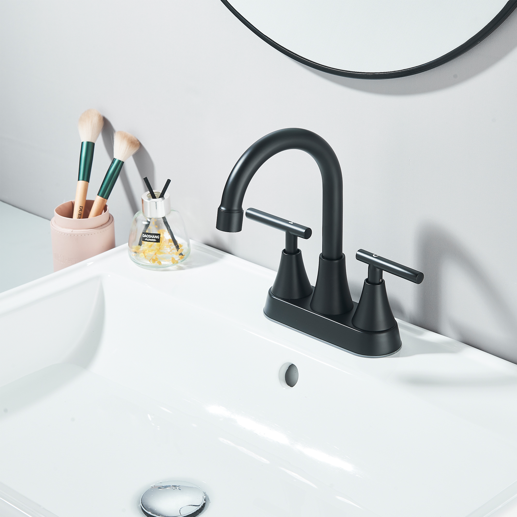 Zovajonia Bathroom Faucets for Sink 3 Hole,  4 inch Matte Black with Pop-up Drain and 2 Supply Hoses, Stainless Steel 2-Handle, for Sink Vanity